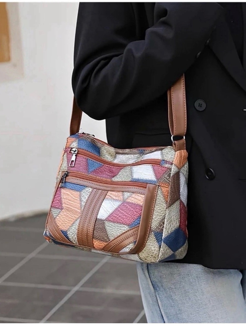 Multi-Color Patchwork Shoulder Bag with Brown Trim
